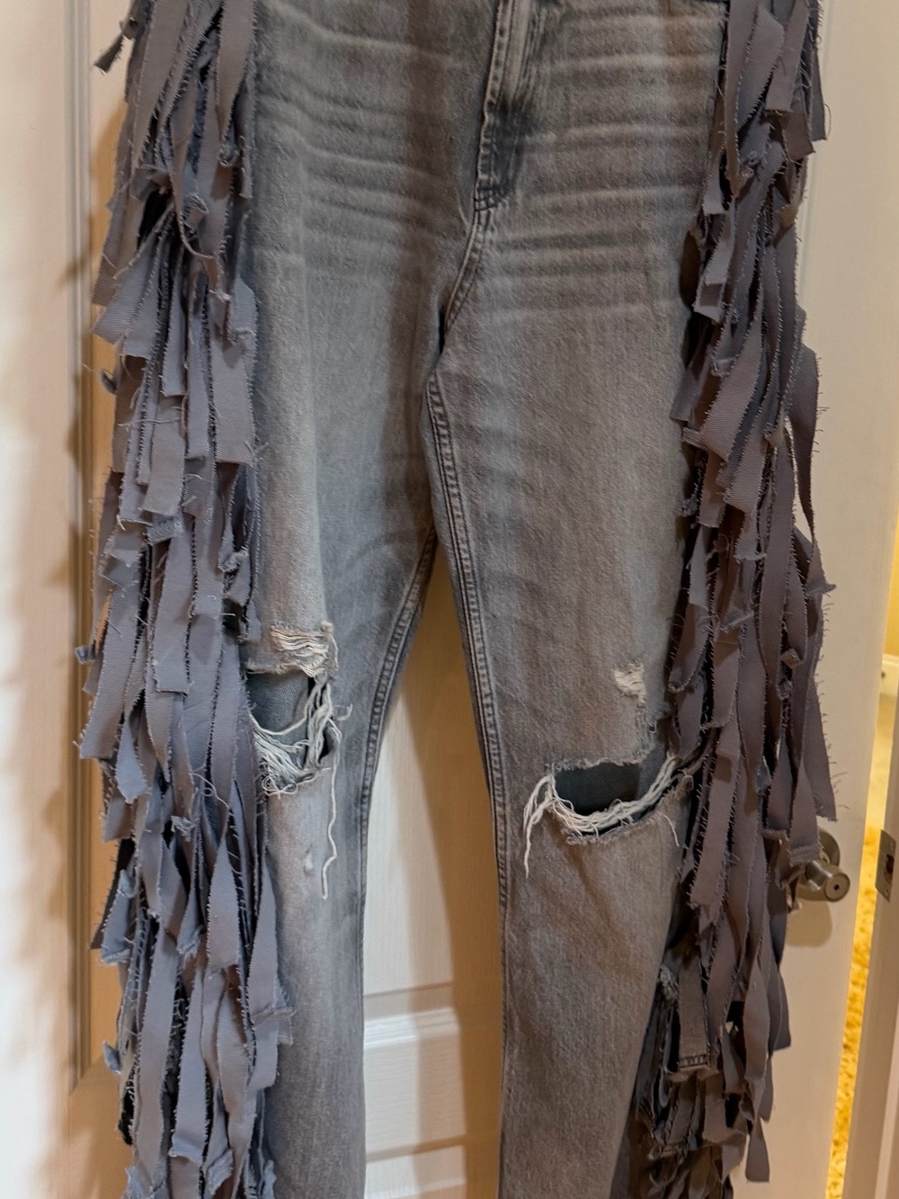 Upcycled Fringe-Trim Gray Distressed Women's Jeans size 10 - Picture 4 of 5